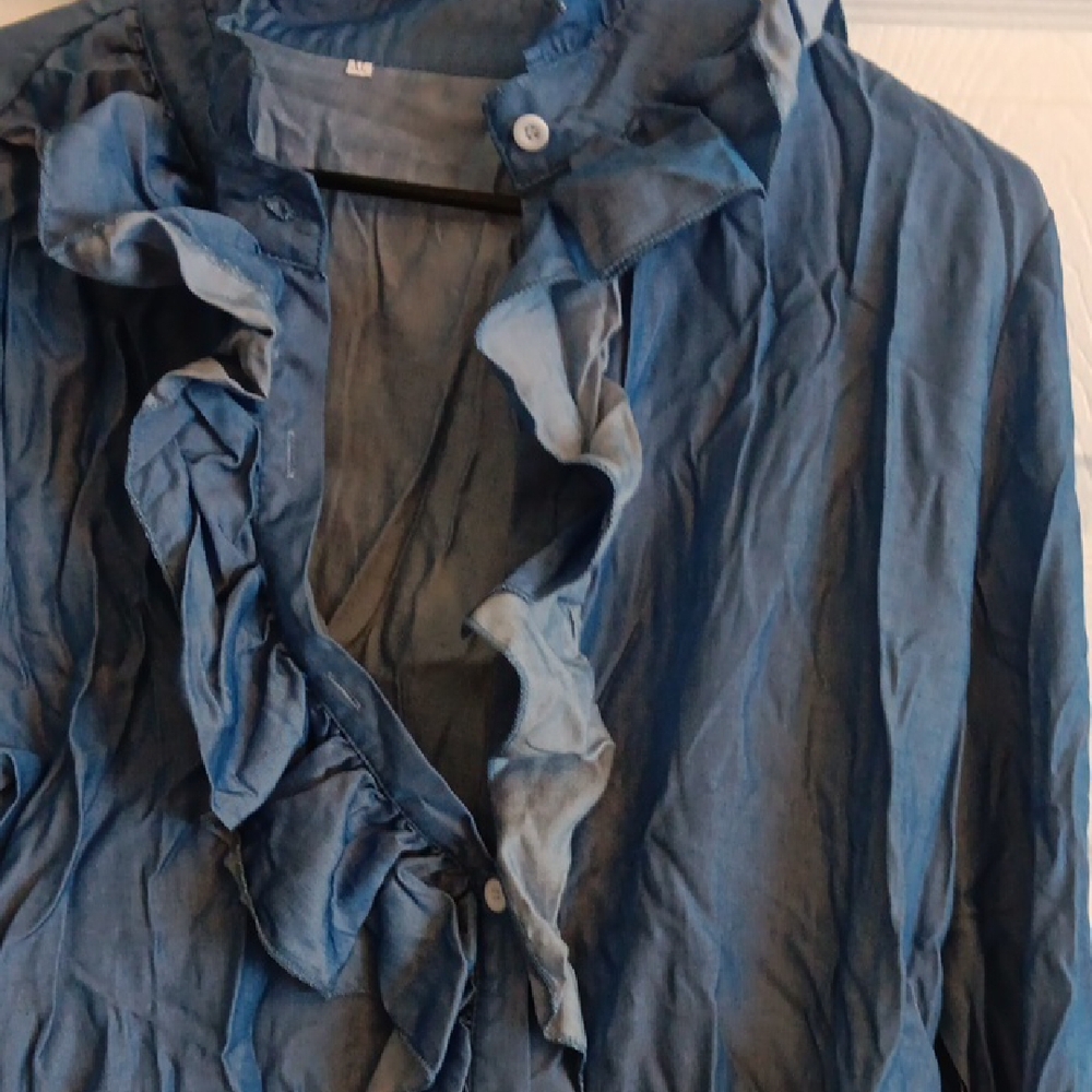 Blue Ruffled Button-Up Blouse - Picture 2 of 3
